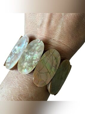Chunky Marbled Abalone Resin Bracelet Iridescent Stretchable Beaded Boho